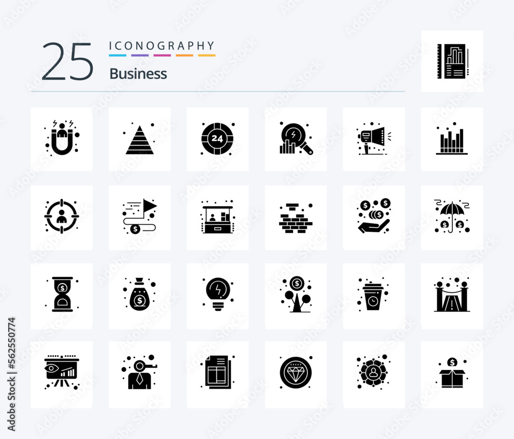 Business 25 Solid Glyph icon pack including notification. search. help. data. analysis