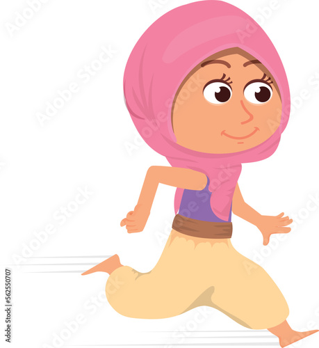 Running muslim girl. Happy kid in traditional eastern clothes