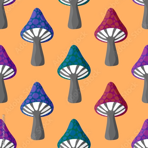 Cartoon autumn seamless mushrooms pattern for Halloween wrapping and kids accessories and clothes print