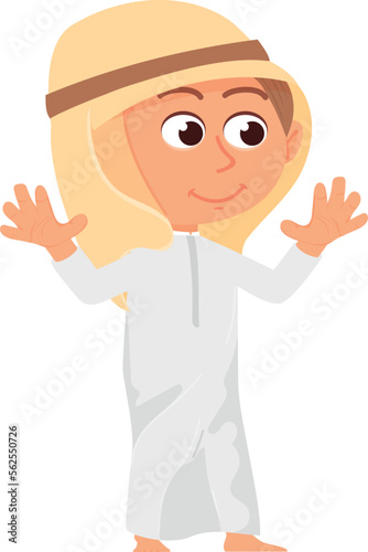 Arabic boy. Cartoon happy kid in saudi clothes