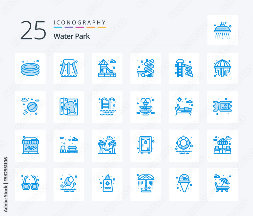 Water Park 25 Blue Color icon pack including map. water. slider. beach ball. park