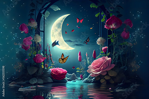 Fantasy magical enchanted fabulous fairy tale landscape with forest lake blooming pink rose flower garden, two butterflies on a mysterious blue background, and glowing moon rays in the night