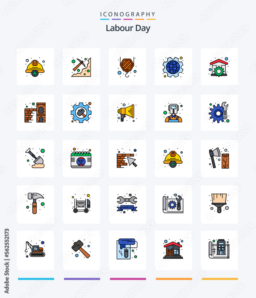 Creative Labour Day 25 Line FIlled icon pack  Such As labour. gear. pick. day. hook