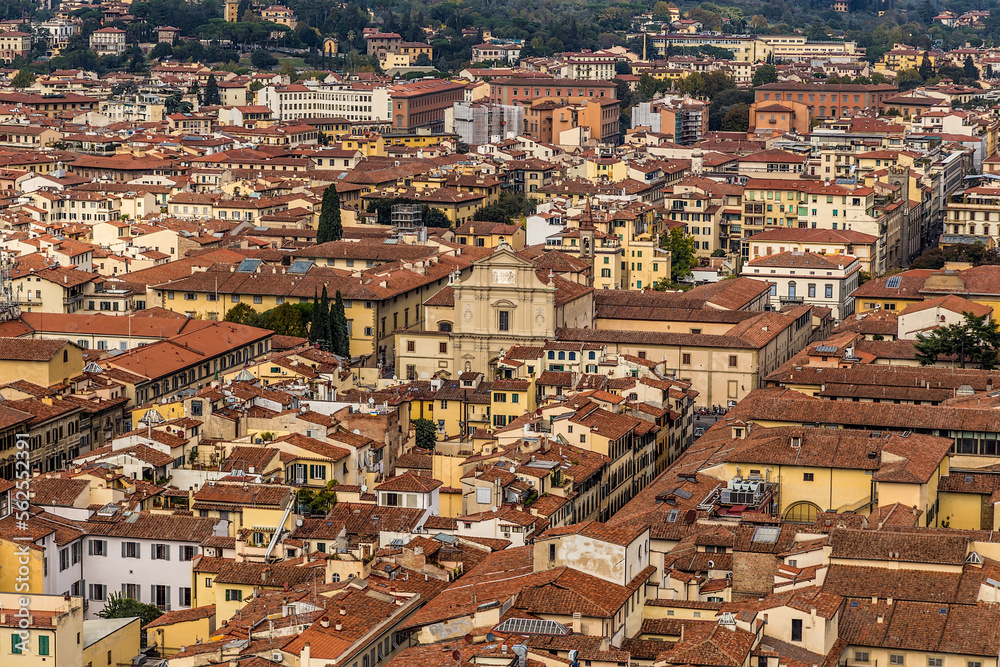 Florence, Italy. :Scenic view of the city from the height of the Duomo dome. Convent of San Marco in the center