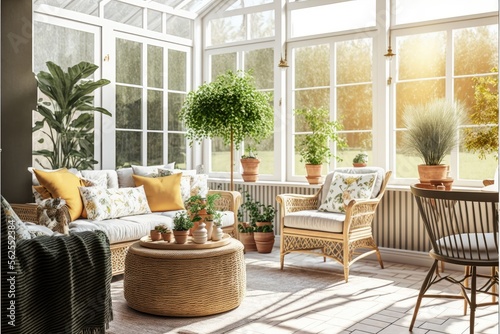 Bright and airy sunroom with wicker furniture and indoor plants generative ai photo