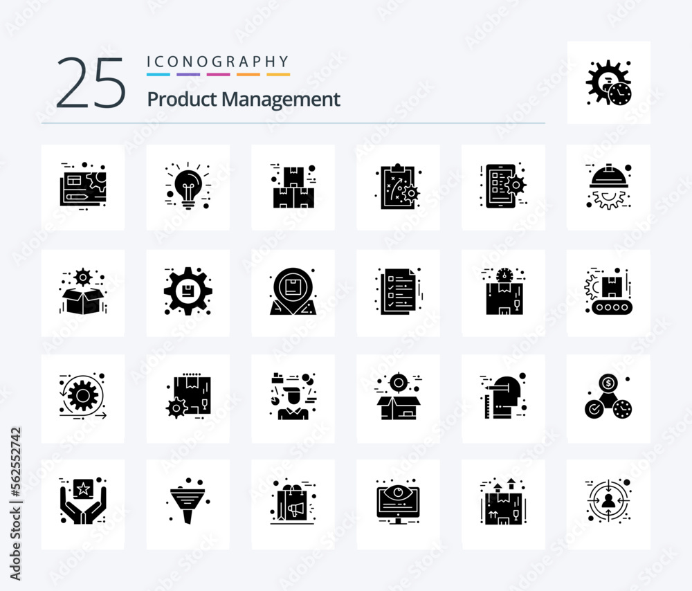 Product Management 25 Solid Glyph icon pack including gear. performance method. technology. performance management. product
