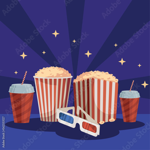 cinema pop corn and 3d glasses