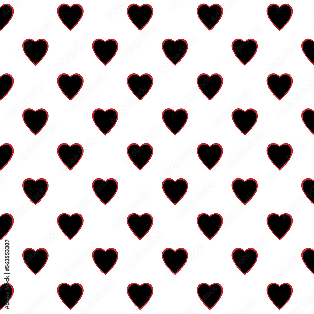 Simple red stroke black heart shape seamless pattern in diagonal arrangement. Love and romantic theme background. Black and white wallpaper.