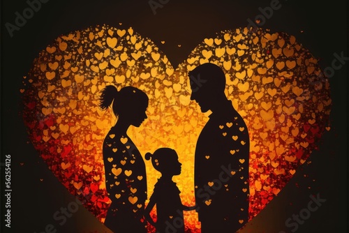 silhouette from parents have their child in the middle the silhouettes are filled with hearts in red yellow and gold generative ai