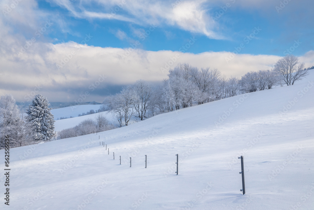 View of a snowy winter landscape with trees covered with rime ice. The Orava region in northwest of Slovakia, Europe. View of a snowy winter landscape with trees covered with rime ice. The Orava region in northwest of Slovakia, Europe.