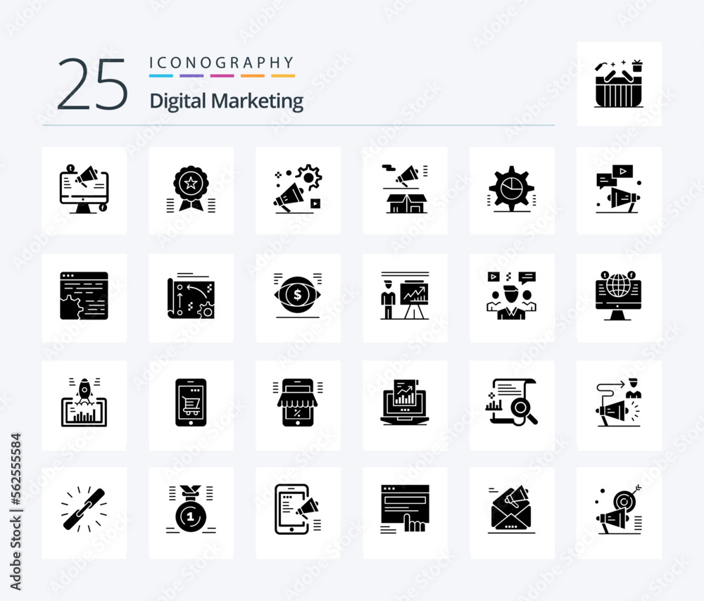 Digital Marketing 25 Solid Glyph icon pack including megaphone. marketing. medal. advertisment. announcement