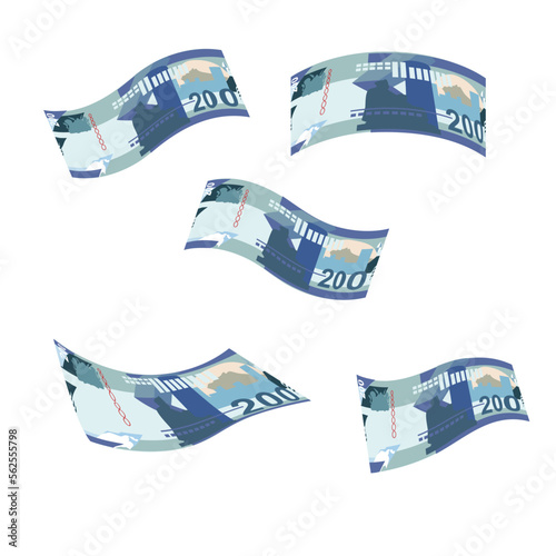 Kenyan Shilling Vector Illustration. Kenya money set bundle banknotes. Falling, flying money 200 KES. Flat style. Isolated on white background. Simple minimal design.