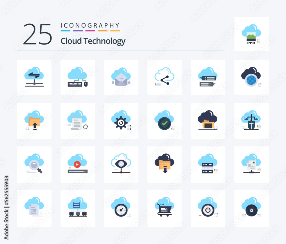 Cloud Technology 25 Flat Color icon pack including computing. cloud. data. share. data