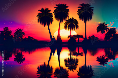 Blue palm trees at sunset. Generative AI.