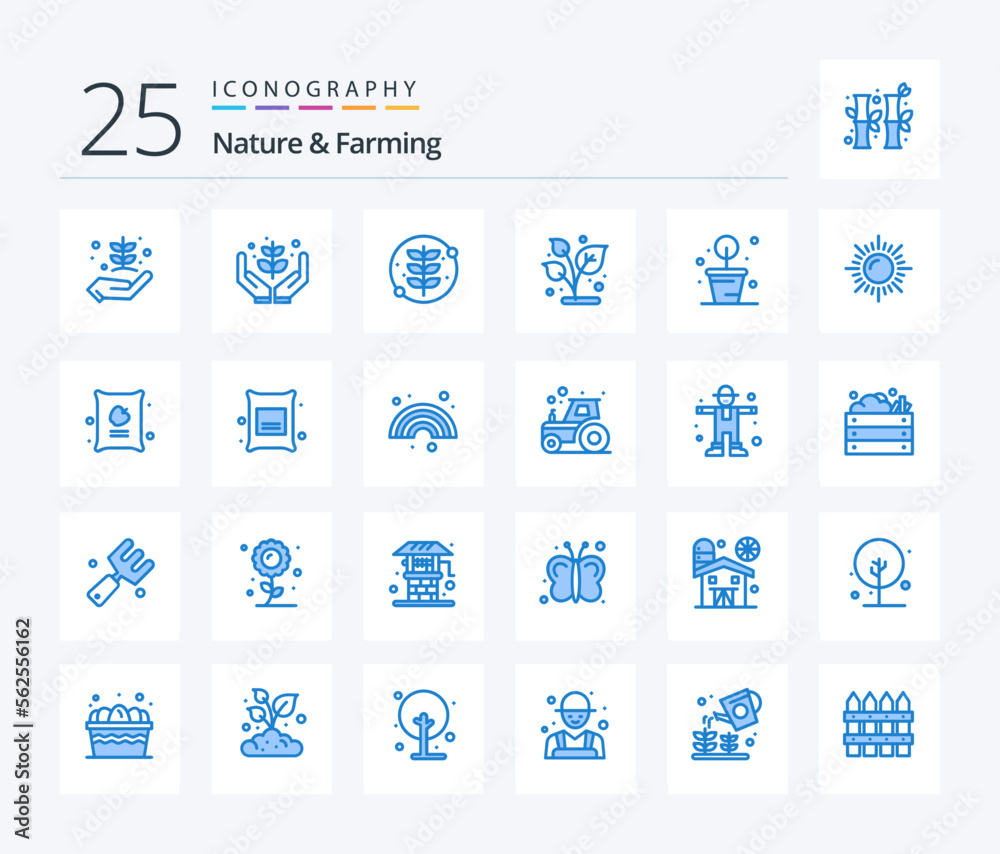 Nature And Farming 25 Blue Color icon pack including apple. farming. plant. sun. landscape