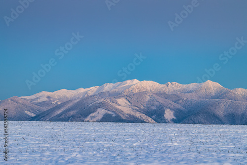 Winter mountain snowy landscape at sunset. The Mala Fatra national park in Slovakia, Europe.