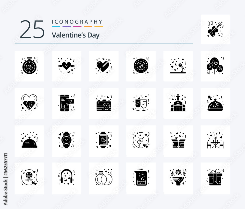 Valentines Day 25 Solid Glyph icon pack including marriage. plate. arrow. love. marriage