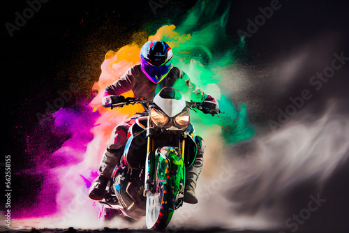 Man riding a motorcycle with splashes of paint. Moto racer. Generative AI.
