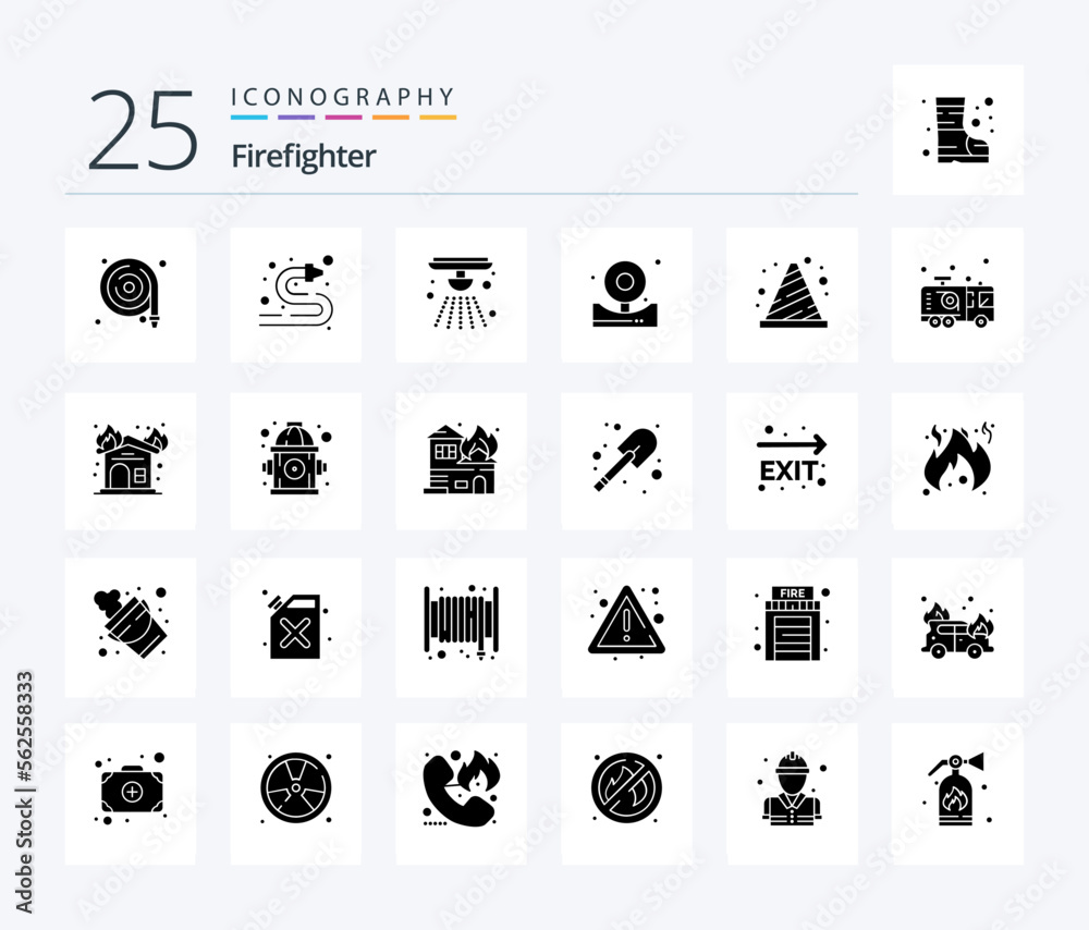 Firefighter 25 Solid Glyph icon pack including fireman. fire. attention. emergency. sign
