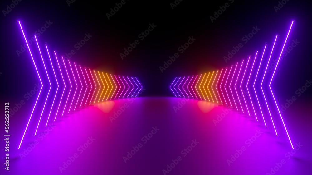 Sci Fy neon glowing wave lines in a dark hall. Reflections on the floor. Empty background in the center. 3d rendering image. Abstract glowing lines. Techology futuristic background.