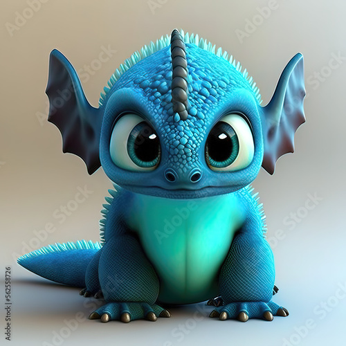 Angry Babydragon with Turuoise skin  and large ears and thick tail, white gradient background, generative ai photo