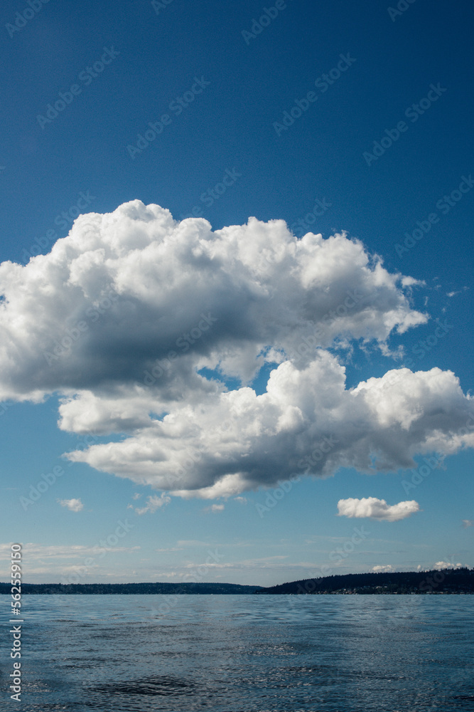 white cumulus clouds over water, lake