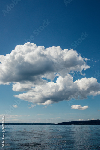 white cumulus clouds over water  lake