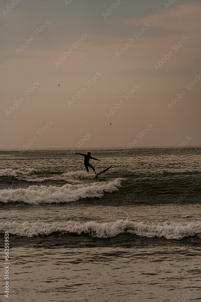 Fototapeta premium surfer on the beach under a beautiful sunset in front of the pier with big sea waves