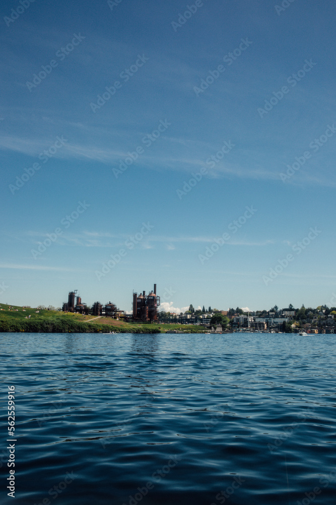 view of Gasworks Park in Seattle from the waters of Lake Union