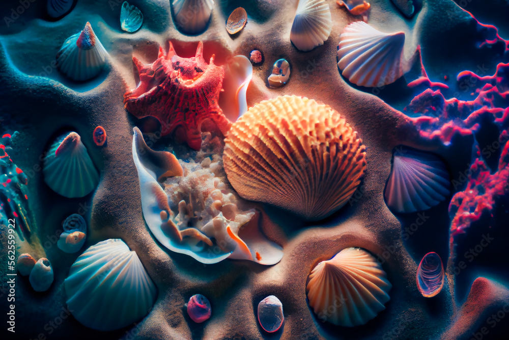 Close-Up Of Seashells Underwater. Generative AI. Close-Up Of Seashells Underwater. Generative AI.