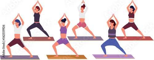 Aerobics class. Women training yoga pose and stretching