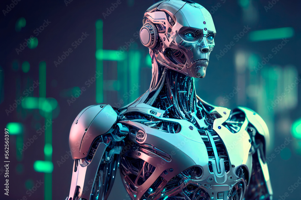Robot or humanoid cyborg working in futuristic spaceship with blue neons lights. AI generated Robot or humanoid cyborg working in futuristic spaceship with blue neons lights. AI generated