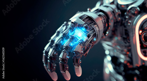 Futuristic robot hand. Mechanic robotic hand or arm in blue background. AI