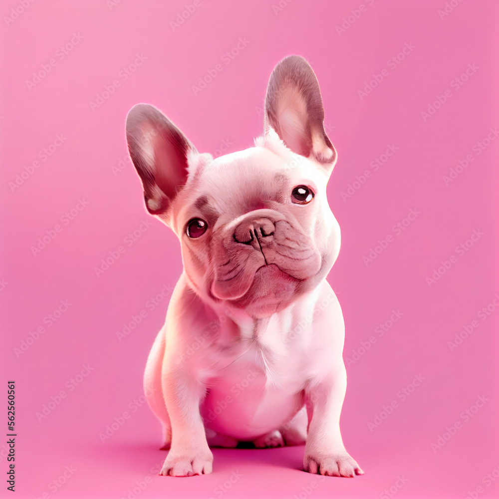 Portrait of cute french bulldog puppy lying down on a pink background . Generative by AI