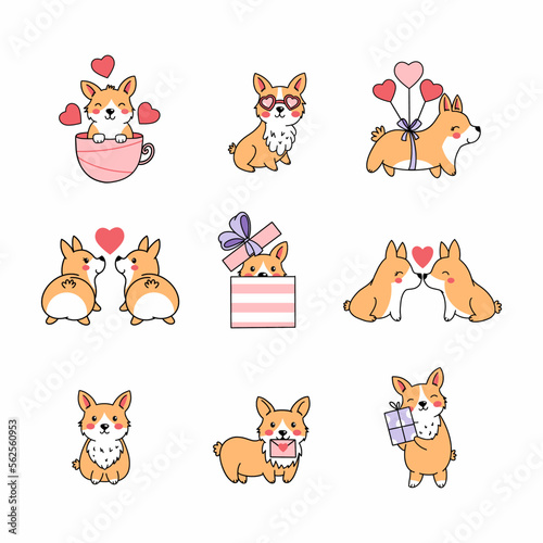 Corgi lovers. Cute dog in doodle style. Puppy. Set of vector characters. Sticker. Love and heart.
