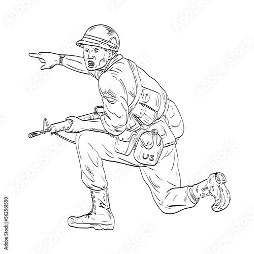 Line art drawing illustration of an American Vietnam War soldier with rifle kneeling pointing forward looking at viewer done in medieval style on isolated background.
