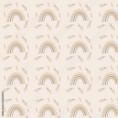 seamless pattern of brown hand drawn rainbow and leaves on beige background