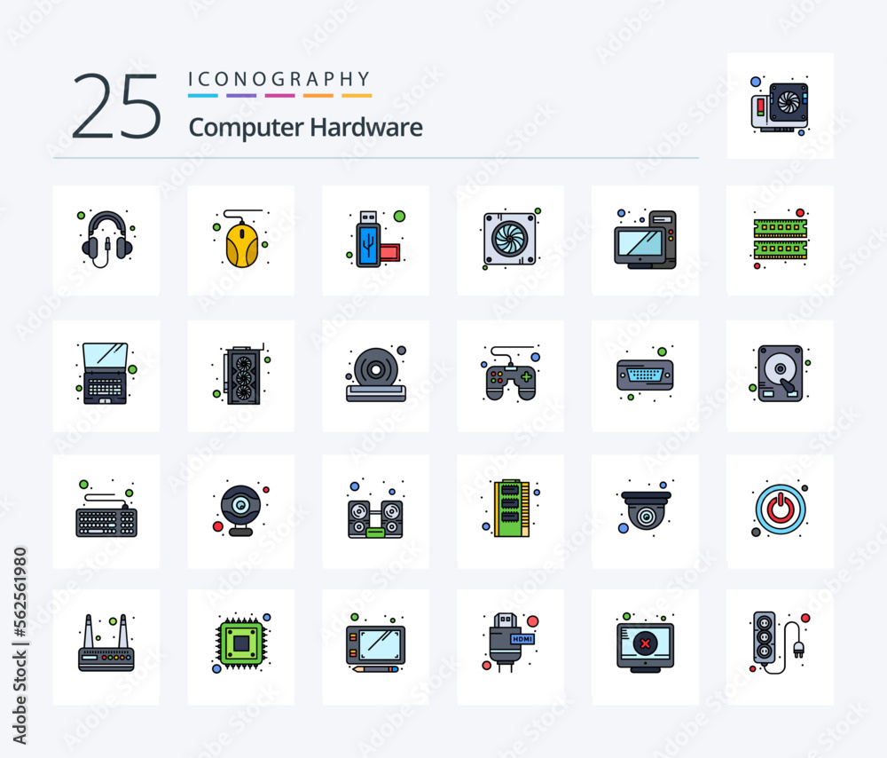 Computer Hardware 25 Line Filled icon pack including monitor. desktop. port. computer. fan