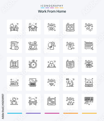 Creative Work From Home 25 OutLine icon pack Such As communication. web. office desk. online. communication
