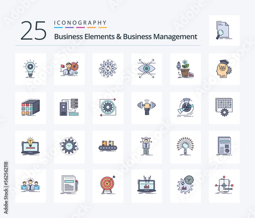 Business Elements And Business Managment 25 Line Filled icon pack including look. business. market. work. production