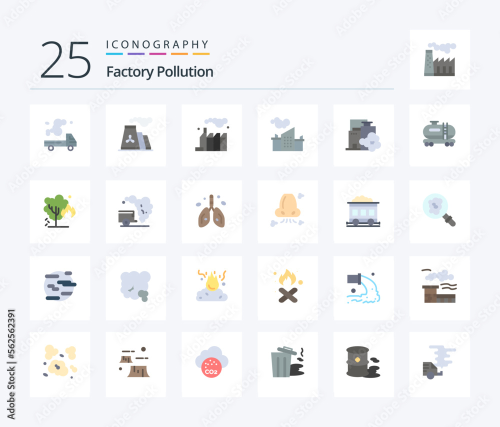 Factory Pollution 25 Flat Color icon pack including tank. pollution. smoke. landscape. factory
