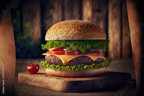 hamburger on wood background, unhealthy food, Made by AI,Artificial intelligence