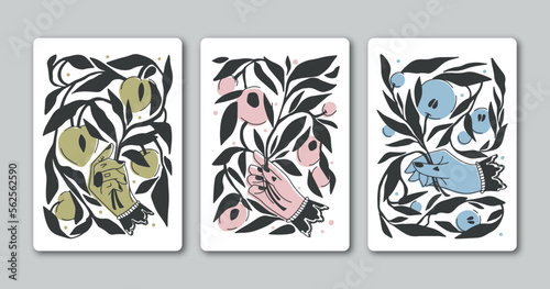 Abstract set of posters with flowers in hands. Hand drawn trendy colorful vector illustration. Suitable for social media posts, mobile applications, banner design and online advertising. 