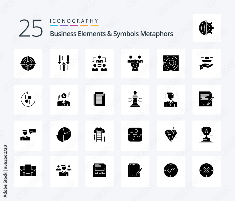 Business Elements And Symbols Metaphors 25 Solid Glyph icon pack including point. strategy. download. arrow. communication
