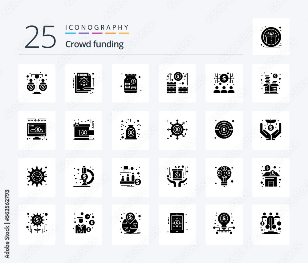 Crowdfunding 25 Solid Glyph icon pack including startup. career. in. business. venture