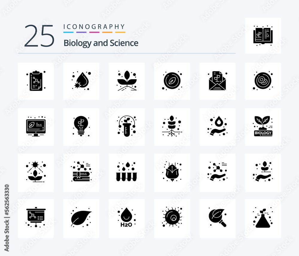 Biology 25 Solid Glyph icon pack including plant. note. plant. message. natural