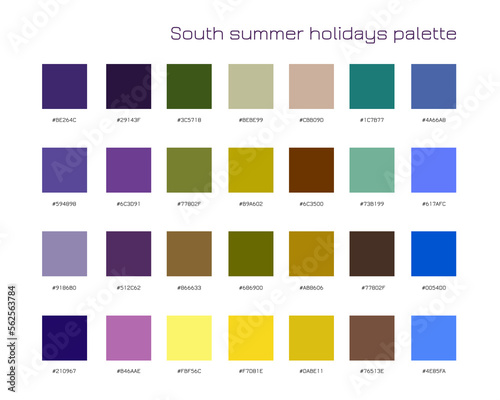 South summer holidays palette. Bright colorful seasonal color trends concept. Multicolor samples with codes. Trend for fashion, home, interior design, textile, linen, patterns. 