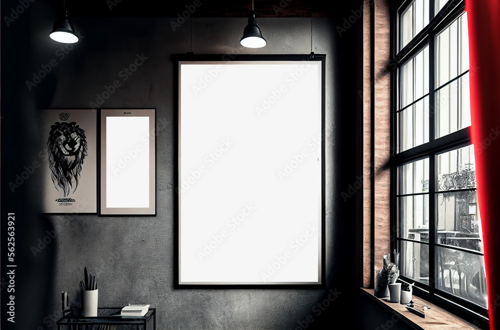Mockup vertical frame on red wall tattoo shop, creative space, art study interior. Generative AI 3D render Mockup vertical frame on red wall tattoo shop, creative space, art study interior. Generative AI 3D render