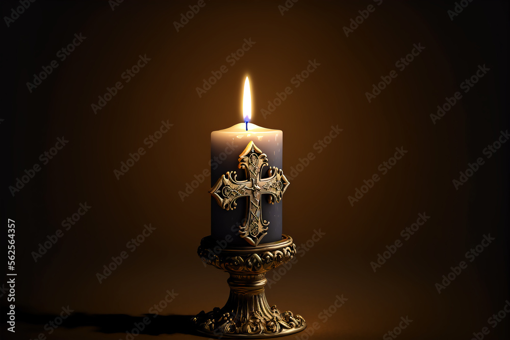 A lit candle with a cross of Christianity. Christian religious symbol. Generative AI. A lit candle with a cross of Christianity. Christian religious symbol. Generative AI.