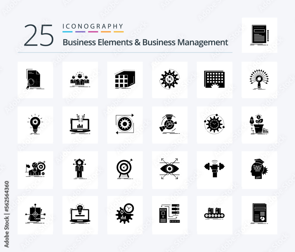 Business Elements And Business Managment 25 Solid Glyph icon pack including production. management. entrepreneur. matrix. cube